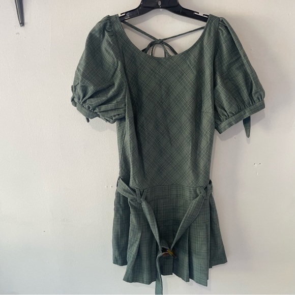 New! Free People Green Sevi Plaid Open Back Belted Mini Dress 37381 - Picture 2 of 10